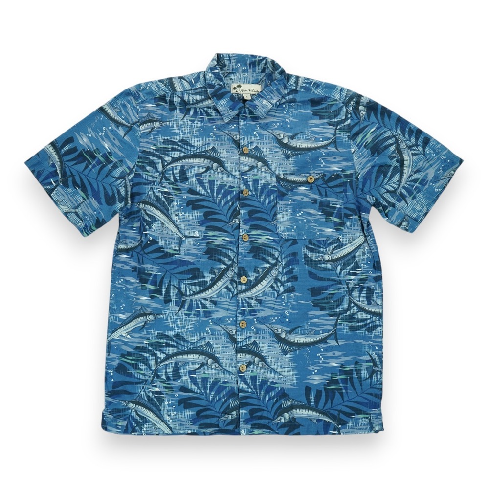 OLIVER & BURKE Mens Button‎ Up Hawaiian Short Sleeve Shirt Large ~ Blue